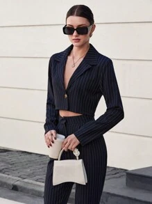 EURMUSE Women Front Button Long Sleeve Striped Minimalist Top And Pants Suit Set - Navy Blue - View 5