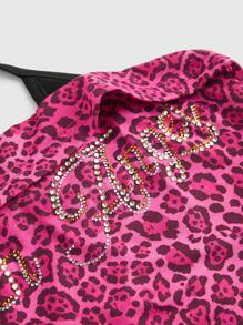 ROMWE J-Fashion Women's Shibuya Hot Girl Aabi Fuchsia Leopard Print Slogan Rhinestone Detail Halter Tank Top - Hot Pink - View 2
