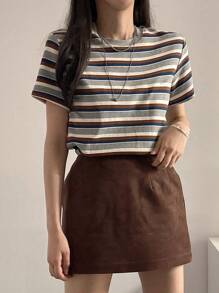 DAZY Camiseta de mujer de cuello redondo ajustada de rayas multicolor - Multicolor - Ver 1