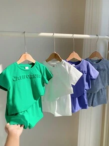 SHEIN Leap Crew 8pcs Baby Boy Or Girl Letter Print Soft Knit Crew Neck Short Sleeve Raglan Tee And Elastic Waist Shorts Set - Multicolor - View 6