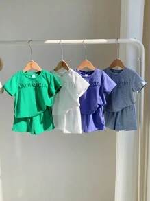 SHEIN Leap Crew 8pcs Baby Boy Or Girl Letter Print Soft Knit Crew Neck Short Sleeve Raglan Tee And Elastic Waist Shorts Set - Multicolor - View 4