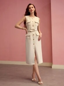 MOTF PREMIUM Vestido de tirantes sin mangas con botones - Albaricoque - Ver 3