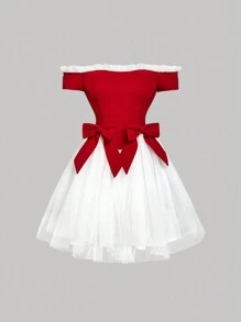 SHEIN MOD 女士红白蝴蝶结紧身胸衣连衣裙、红色连衣裙优雅别致、派对连衣裙、露肩连衣裙、毕业礼服、端庄连衣裙、网眼连衣裙、红白连衣裙、情人节连衣裙、女士生日连衣裙、红色连衣裙优雅别致、生日连衣裙性感、单身派对新娘装、中国新年装、邮轮装、茶会装 - 紅白色 - 查看 1