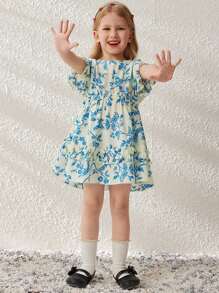 Blossori 年轻女孩优雅杏色花卉印花编织圆领连衣裙，春夏 - 彩色 - 查看 6