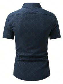 Manfinity Mode 短袖衬衫，纯色，简约设计，休闲时尚，适合日常穿着 - 藏蓝色 - 查看 2