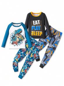 SHEIN Kleine Jungen Minimalistischer Dinosaurier & Gaming Grafikdruck Eng anliegendes 4 Stücke Pyjama Set