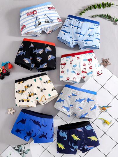 8 件装 Tween Boy 舒适动物和汽车印花平角短裤