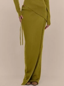 MUSERA 侧系带针织长裙，优雅春假可爱性感90年代假日毕业婚礼宾客秋夜外出秋冬日常时尚毛衣 - 橄欖綠 - 查看 2