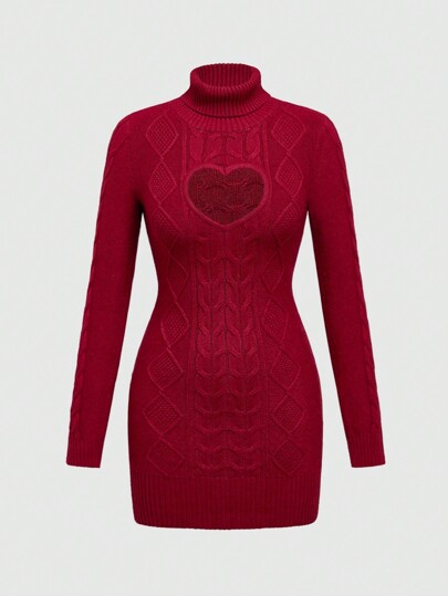 Kawaii Romantic Heart Hollow High Neck Bodycon Long Sleeve Sweater Dress, Girls' Valentine's Day Outfit