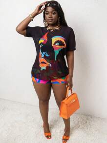 SHEIN Slayr CURVE Conjunto de tankini de talla grande para mujer con estampado abstracto de rostros de varios colores - Multicolor - Ver 5