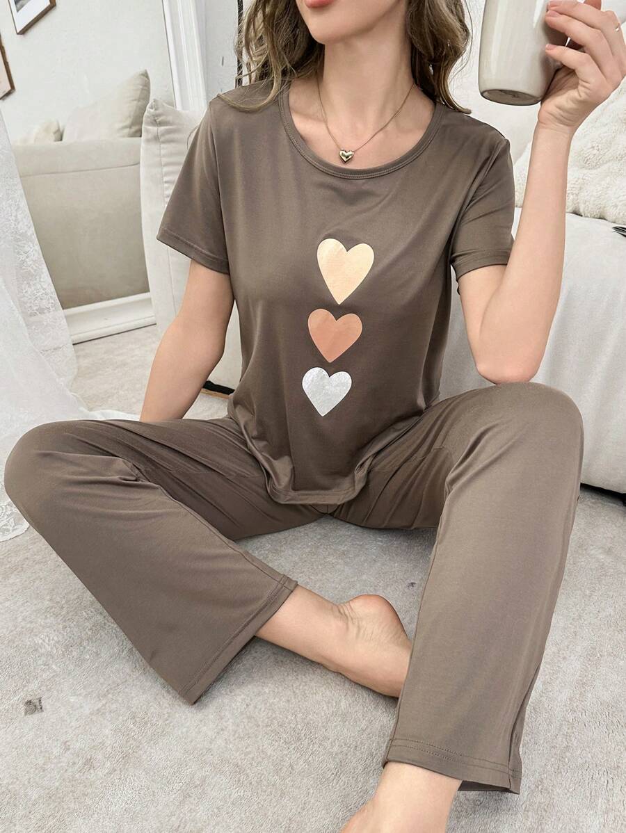 2pcs Heart Printed Pullover Casual Women Pajamas Set Lounge Set - Mocha Brown - View 1