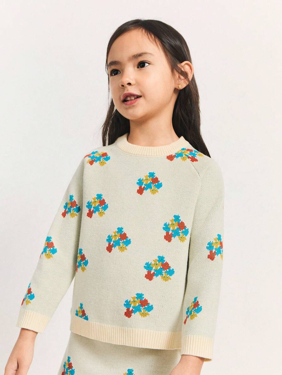 SHEIN Suéteres de manga larga con cuello redondo y estilo raglan con estampado floral colorido para niñas jóvenes - Beis - Ver 1