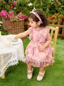 SHEIN Nouvelle robe de princesse douce à fleurs style Ditsy pour bébé fille, robe d'été sans manches