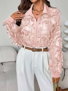 SHEIN Clasi Damen Herbst Mode einfarbige Bluse mit Fransensaum - Babypink - Übersicht 6