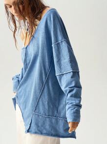 Bohemela Boho Women's Casual Solid Color V-Neck Long Sleeve Loose Washed Knit T-Shirt - Blue - View 5