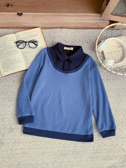 Blossori Suéter de cuello alto de punto elegante de estilo francés en azul marino para niños pequeños