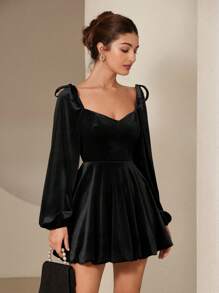 Aveloria Rosie Elegant Vintage Sweetheart Neck Bow Design Velvet Burgundy Peplum Hem Women Dress