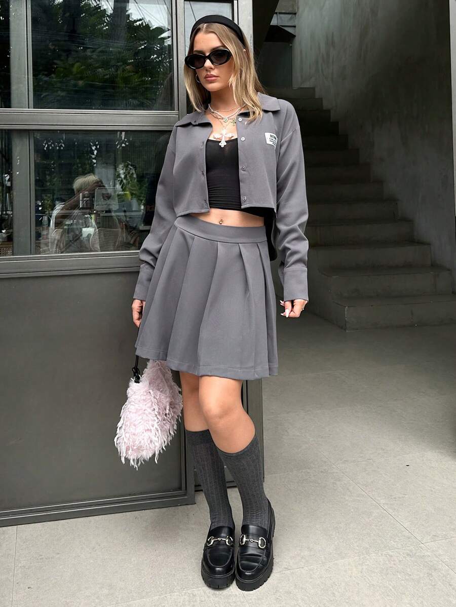 EURMUSE Urban Chic Label Detailed Crop Shirt & Pleated Skort Two-Pieces Matching Set - Grey - View 1