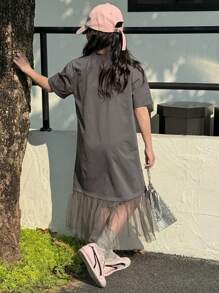 Dazy Kids 青少年女孩圆领拼接网眼短袖连衣裙，夏季 - 灰色 - 查看 5
