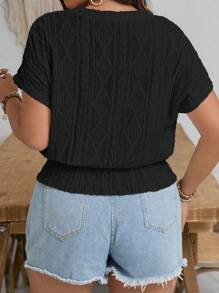 SHEIN Frenchy Plus Size Casual Waist Drawstring Round Neck Batwing Sleeve Textured Fabric - Black - View 2