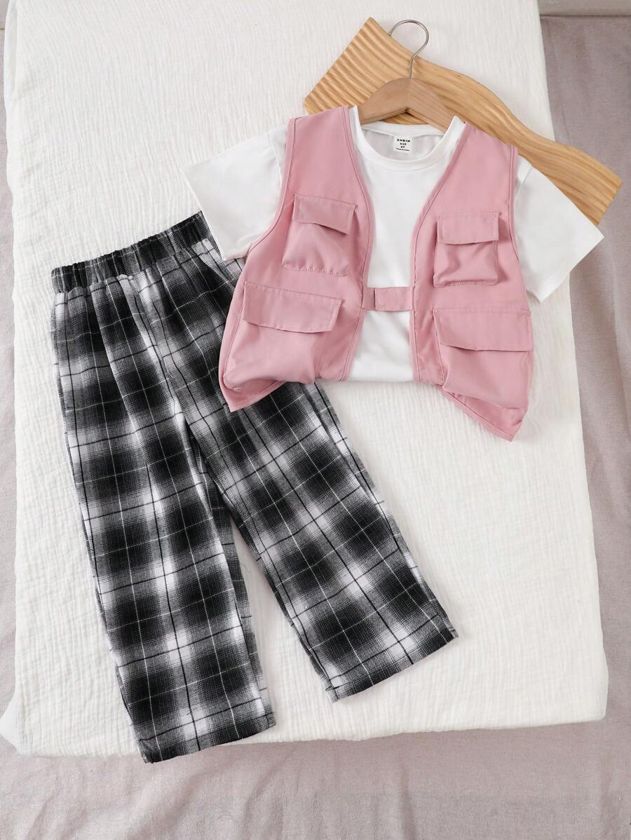 SHEIN 3pcs/Set Boys Grey Sleeveless Waistcoat + White T-Shirt + Loose Plaid Wide Leg Pants - Multicolor - View 1