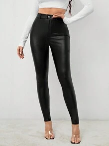 SHEIN Tall Solid High Waist PU Leather Skinny Pants
