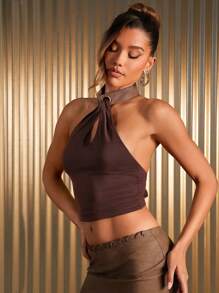 Hauture Women Clothes, Women's Elegnat Brown Solid Color Jersey With Faux Leather Stand Collar Sleeveless Casual Halter Top With Open Back And Tie-Back, Women Tops, Crop Top, Tube Top, Summer Top, Sexy Women Tops, Going Out Tops, Brown Top. For Date Night, Concerts, Performances, Parties, Clubs, Evening