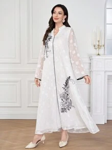 Al Najma 女式花卉印花 V 领长袖阿拉伯连衣裙，朴素全长连衣裙 - 黑與白 - 查看 6