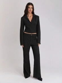 SHEIN Unity 2 Stücke Damen Set aus gestreifter Langarm-Bluse und Hose - Schwarz - Übersicht 7