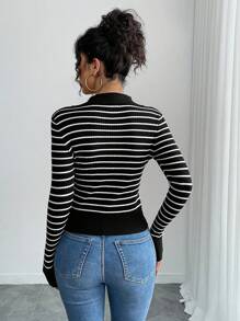 Chiquease Stylish Color-Block Striped Knitted Long Sleeve Sweater Top, Heart Embroidery Ribbed Waist Design, Versatile For Women