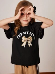 PrepCrw Young Girls' Black Butterfly & Letter Print Crew Neck Knit T-Shirt, Spring/Summer - Black - View 3