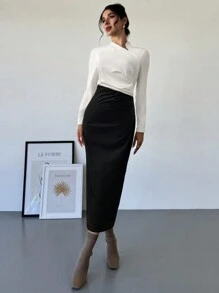Firerie Đầm dài tay thanh lịch, cổ xéo lệch màu đen trắng cho nữ, Đầm đen trắng, Đầm dài màu sắc đối lập, Đầm dài tay, Đầm dài mùa xuân, thu đông, Quần áo đi làm/Thanh lịch/Trang phục giáo viên/Quần áo làm việc - Đen và trắng - Xem 2