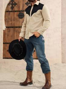 Manfinity Nomadique Men Rodeo Color Block Patchwork Button Front Long Sleeve Minimalist Casual Top, Daily Wear