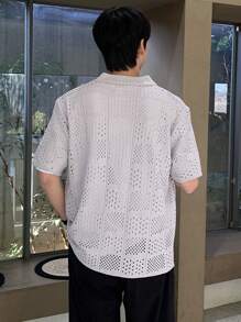 DAZY Summer Pattern Hollow Design Cardigan Men's Short Sleeve Knit Top - Khaki - View 2