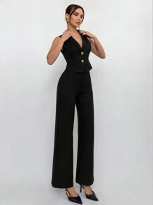 Aloruh 2 件套金属扣背心套装 + 西装裤，商务办公装 - 黑色 - 查看 5