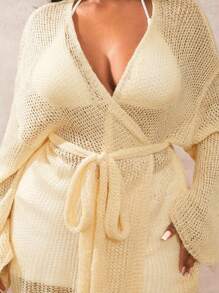 SHEIN SXY Suéter de cárdigan de manga larga de punto con cinturón (incluido el cinturón) para mujer de talla grande, versátil para primavera y otoño - Albaricoque - Ver 8