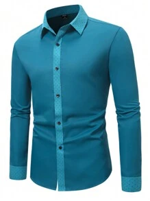Manfinity Mode Áo sơ mi nam dài tay họa tiết chấm bi vá lỗi thường ngày đi làm - Màu xanh lam - Xem 4