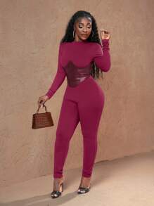 Slaydiva Neue Lässig Street Jumpsuit für Herbst und Winter mit Stehkragen, Langarm, PU Fake Gürteldesign, braun melierter Strickstoff mit PU Hose, enge Passform für Damen