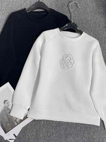 Chiquease Women Casual Solid Color Floral Embroidery Raglan Sleeve Sweatshirt, Autumn/Winter Pullover Fall - White - View 6