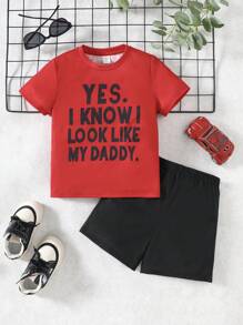 SHEIN 2pcs/Set Kids Boys Minimalist Letter Print Round Neck Short Sleeve T-Shirt And Shorts Comfy Pajama Sleepwear Set - Red - View 1