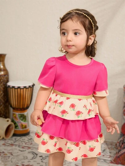 SHEIN 女婴印花短袖拼布蛋糕裙，夏季时尚公主风