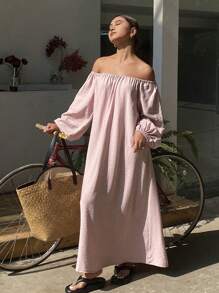DAZY 女士度假海滩罩衫连衣裙，飘逸 A 字形直筒休闲宽松露肩中长连衣裙，秋季连衣裙长袖连衣裙 - 粉色 - 查看 4