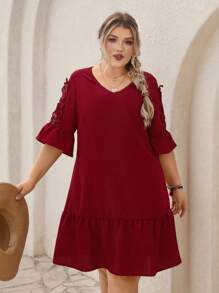 SHEIN VCAY 大码度假岛休闲浪漫红色蕾丝边连衣裙，情人节 - 紅色 - 查看 4