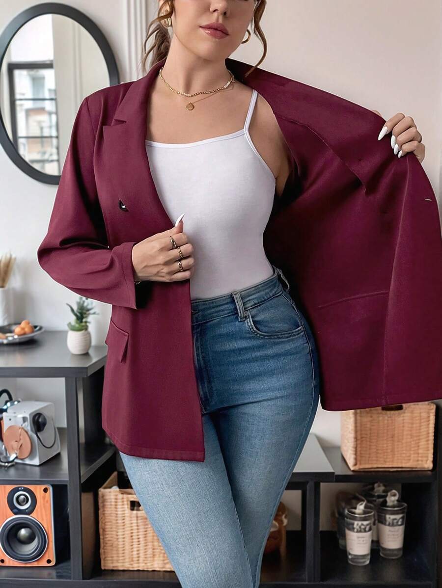 Calvaya 大码女式复古时尚酒红色西装外套 - 酒紅色 - 查看 1