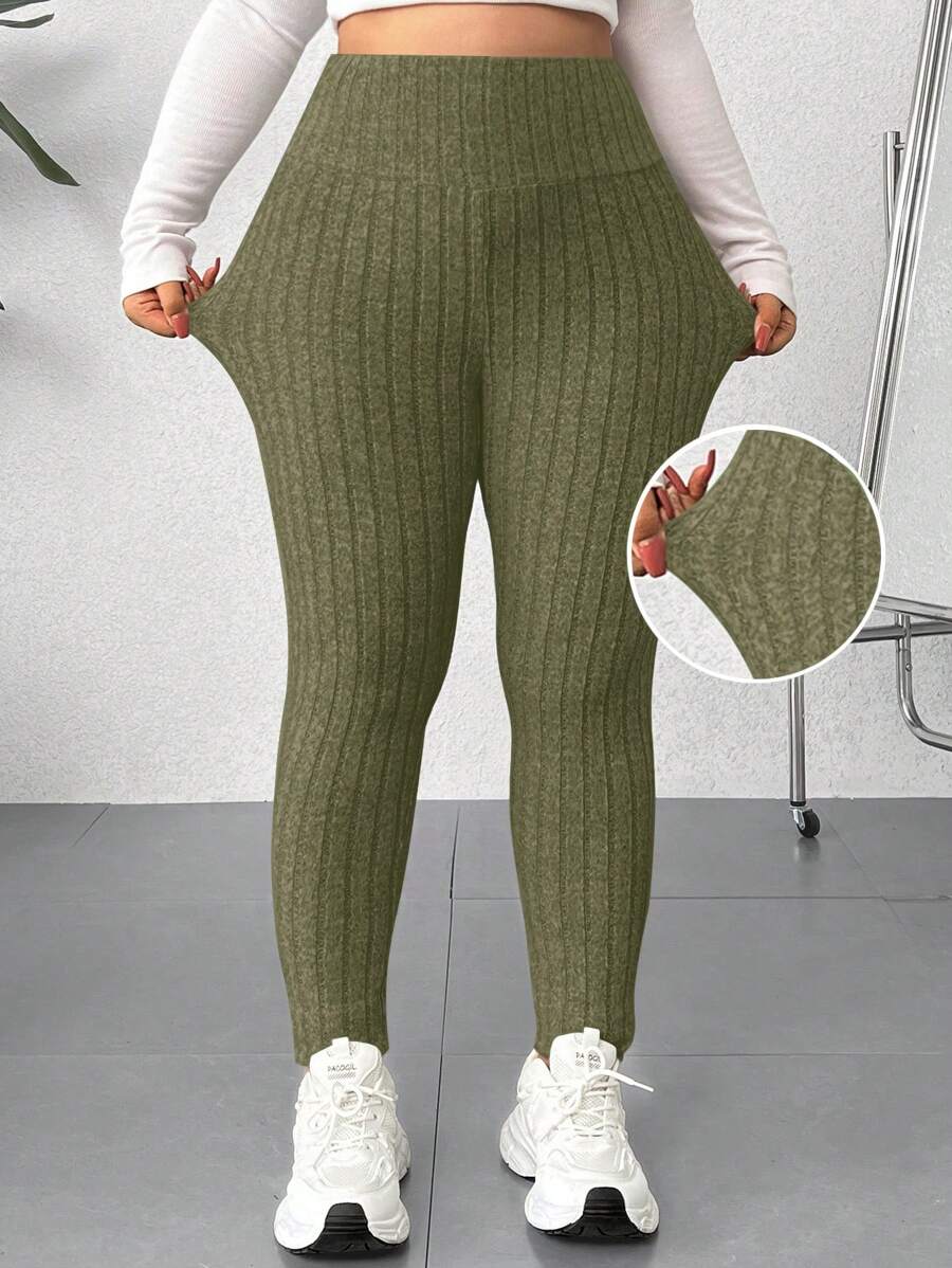 SHEIN EZwear Plus Size Women's Solid Color High Waist Ribbed Casual Leggings - Olive Green - View 1