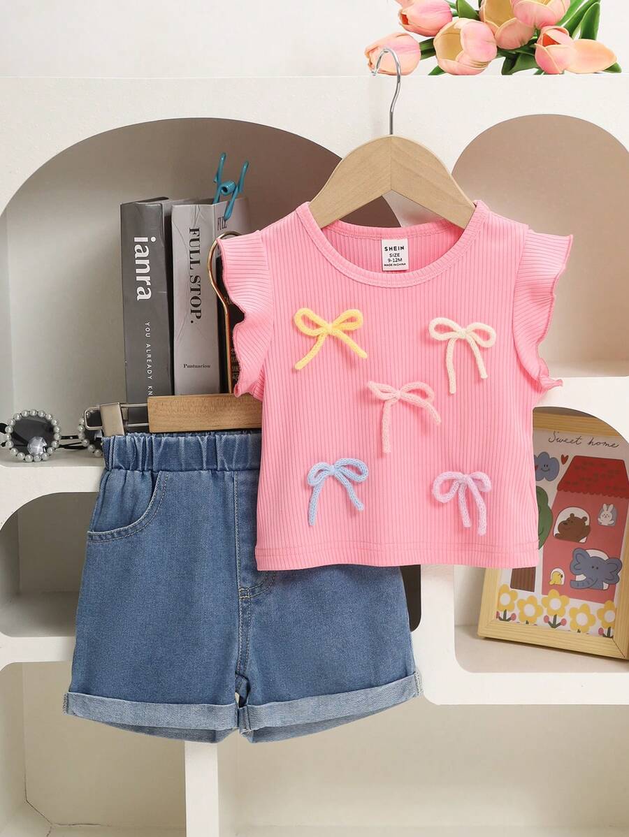 SHEIN Bebê Meninas Verão Casual Carro Estampado Top Com Laço Colorido E Shorts Jeans Lavado, Estilo Coreano - Multicolorido - Ver 1