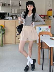 DAZY Quần short len ống rộng xếp ly màu trơn thường ngày cho nữ mùa thu, đông - Màu be - Xem 6