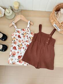 SHEIN LMoss Kids LMoss  2pcs/Set Toddler Girls Cute Floral Print Romper Set, Summer - Multicolor - View 1