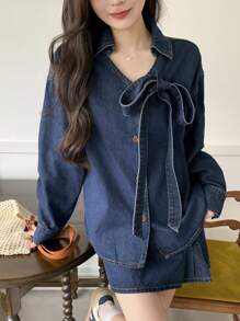 DAZY Damen Lässig Set aus Knopfverschluss Langarm Top und Denim Rock, 2-teilig