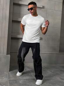 Manfinity Homme Camiseta casual minimalista de manga corta con cuello redondo y gráfico de letras de unicolor para hombre - Blanco - Ver 4